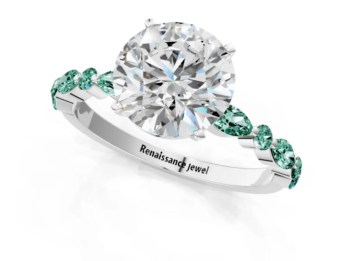 Round Cut Diamond Ring with Marquise and Round Green Sapphire Side Stones and Four-Prong Setting Silver