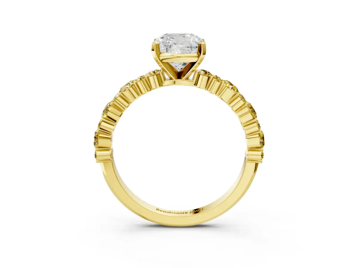 Cushion Cut Diamond Side Stone Solitaire Ring with Round Yellow Sapphire and Four-Prong Setting Yellow gold