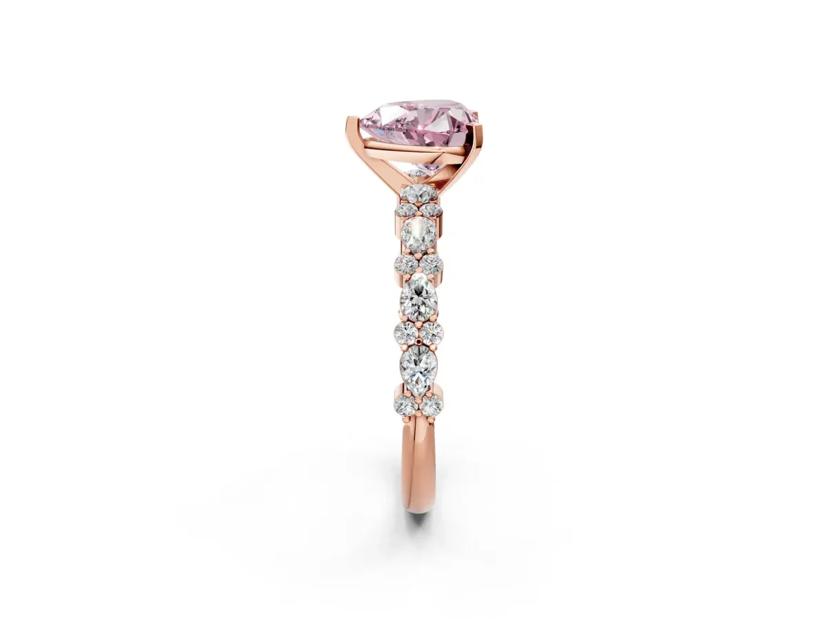Fancy Pink Heart Cut Diamond Side Stone Solitaire Ring with Round and Four-Prong Setting Rose gold