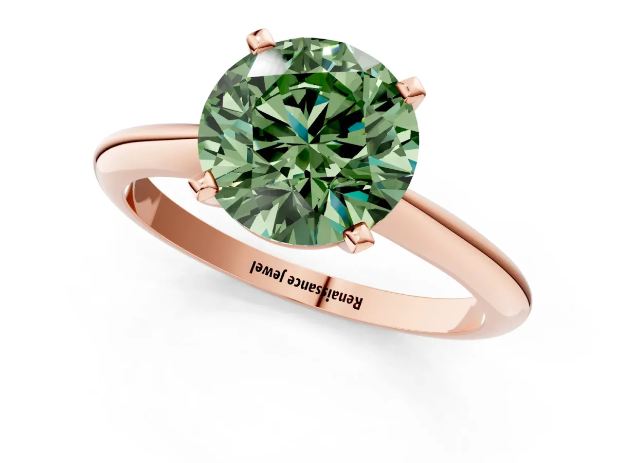 Fancy Green Round Cut Diamond Solitaire Engagement Ring with Classic Band and Four-Prong Setting Rose gold