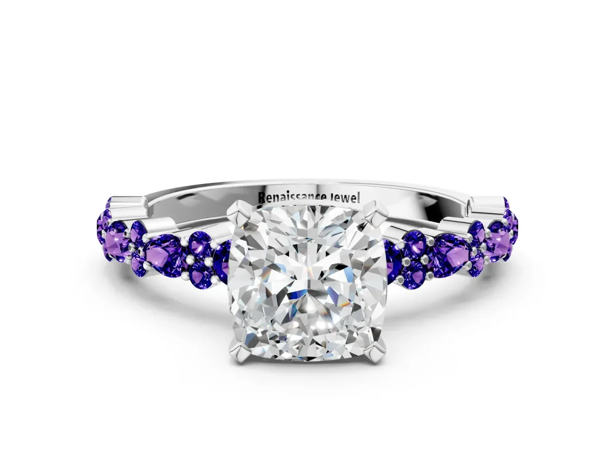 Cushion Cut Diamond Side Stone Solitaire Ring with Round Tanzanite and Four-Prong Setting White gold