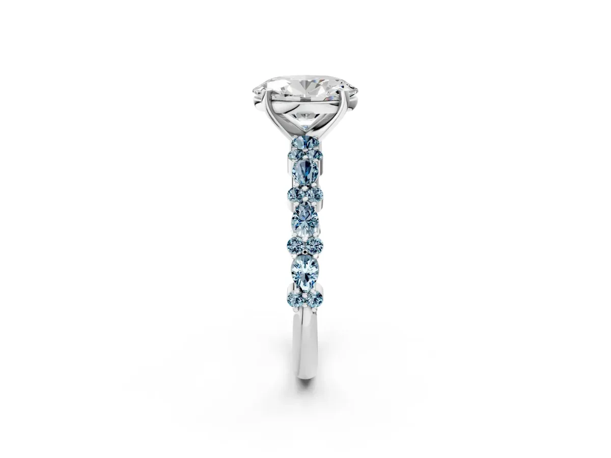 Oval Cut Diamond Side Stone Solitaire Ring with Round Aquamarine and Four-Prong Setting White gold