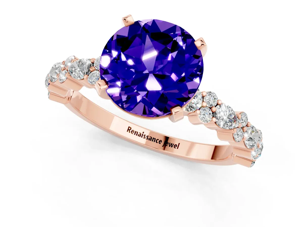 Round Cut Tanzanite Side Stone Solitaire Ring with Round and Four-Prong Setting Rose gold