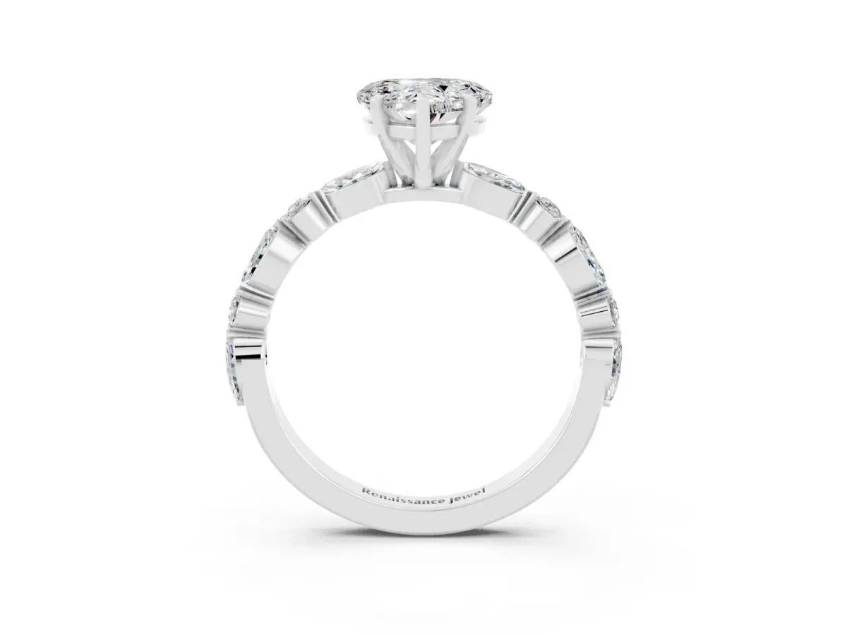 Heart Cut Moissanite Ring with Marquise and Round Side Stones and Four-Prong Setting Silver