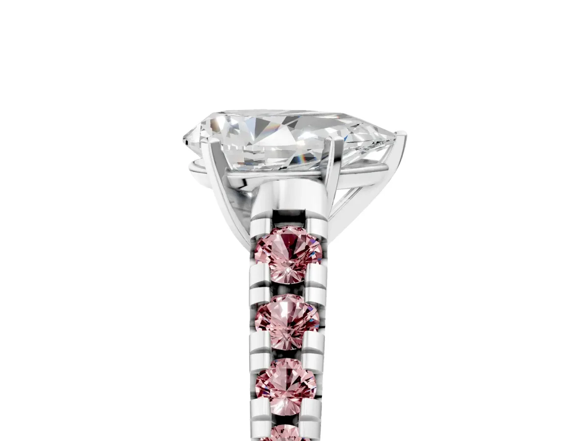 Pear Cut Diamond Cathedral Solitaire Ring with Round Morganite Pavé Band Silver