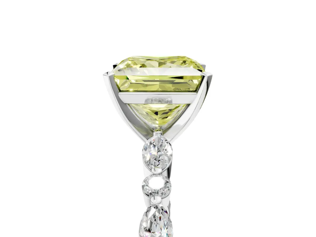 Fancy Yellow Princess Cut Diamond Ring with Marquise and Round Side Stones and Four-Prong Setting Silver