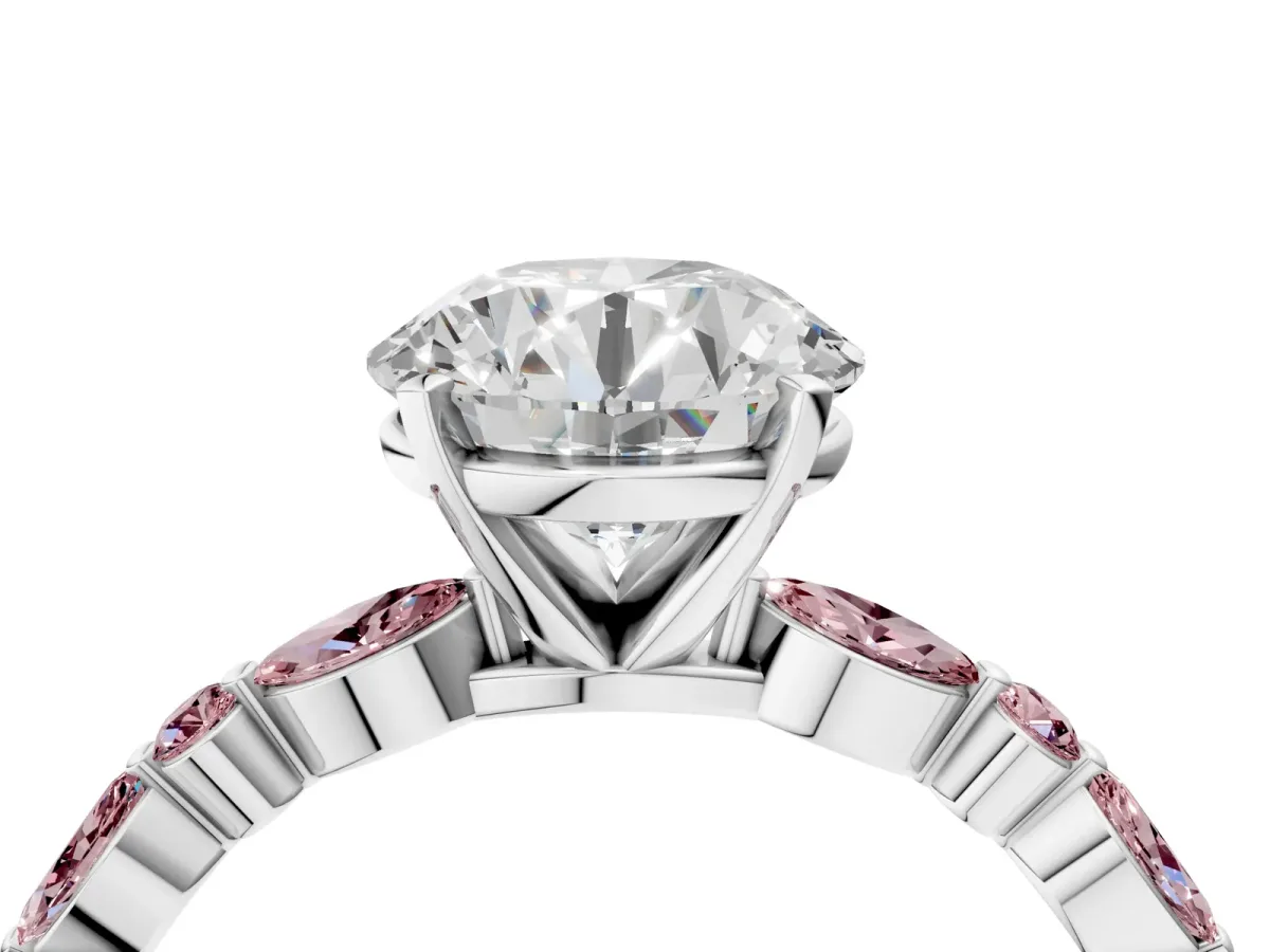 Round Cut Diamond Ring with Marquise and Round Morganite Side Stones and Four-Prong Setting Silver