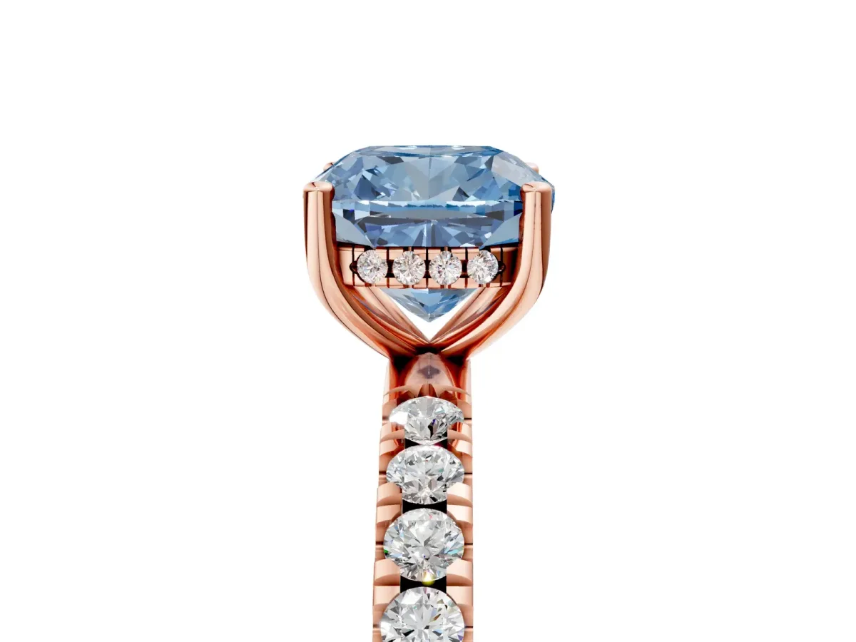 Fancy Blue Cushion Cut Diamond Pave Band Solitaire Ring with Round and Prong Setting Rose gold