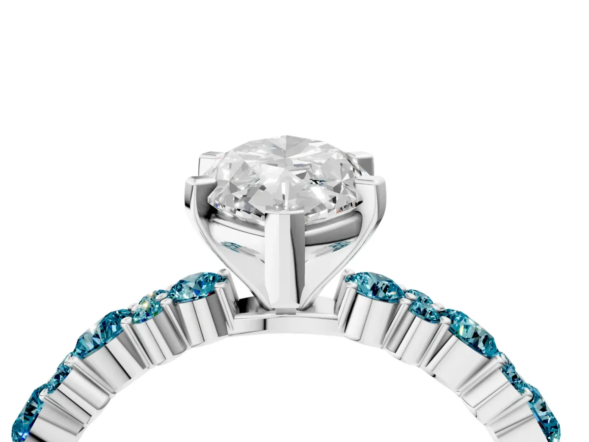 Marquise Cut Diamond Side Stone Solitaire Ring with Round Blue Topaz and Four-Prong Setting Platinum