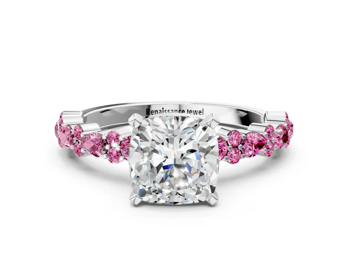 Cushion Cut Diamond Side Stone Solitaire Ring with Round Pink Sapphire and Four-Prong Setting Platinum