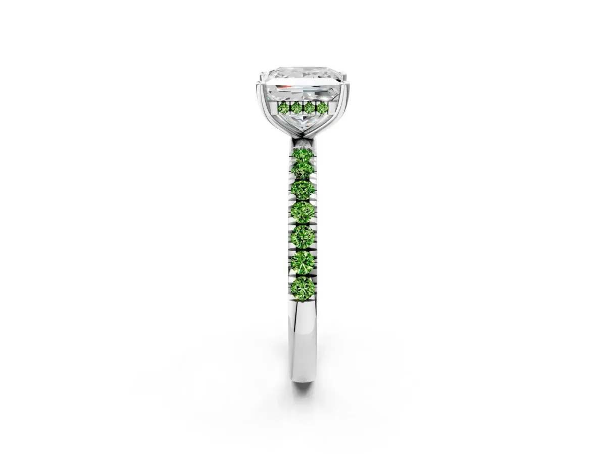 Princess Cut Diamond Pave Band Solitaire Ring with Round Peridot and Prong Setting Silver