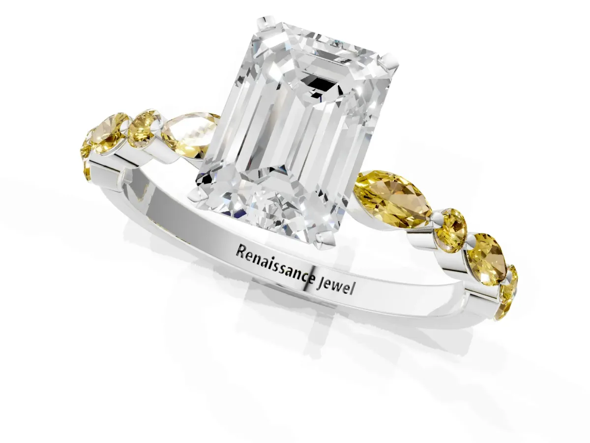 Emerald Cut Diamond Ring with Marquise and Round Yellow Sapphire Side Stones and Four-Prong Setting Silver