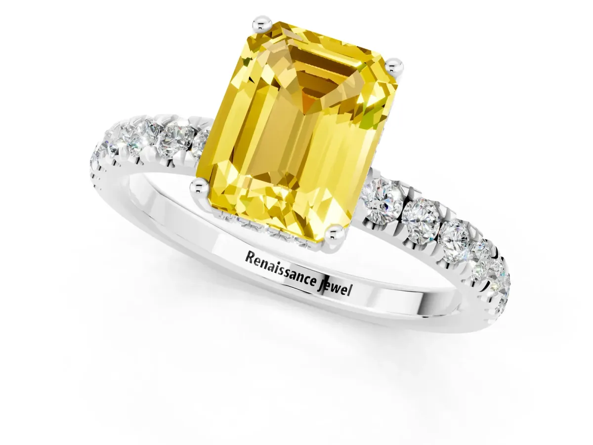 Emerald Cut Yellow Sapphire Pave Band Solitaire Ring with Round and Prong Setting Platinum