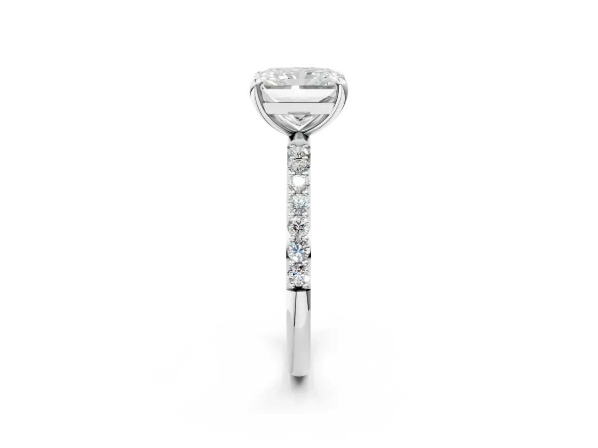 Radiant Cut Diamond Solitaire Ring with Round Pavé Band and Prong Setting Platinum