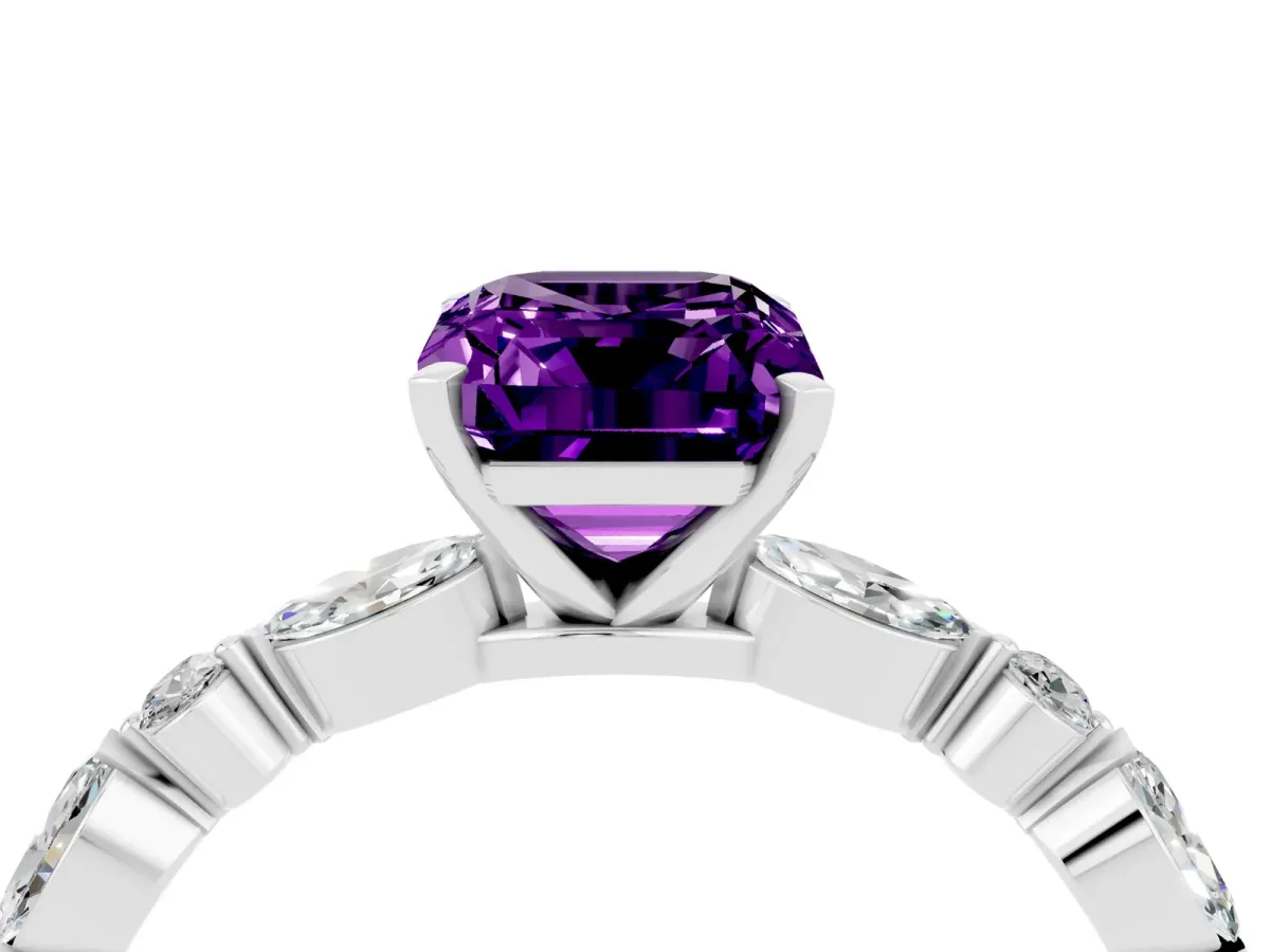 Emerald Cut Amethyst Ring with Marquise and Round Side Stones and Four-Prong Setting White gold