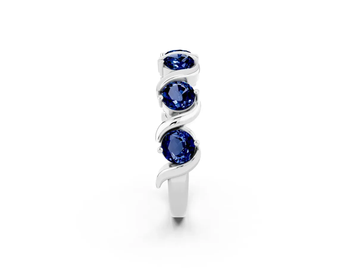 Round Blue Sapphire Half Eternity Band with Wave Prong Setting Silver