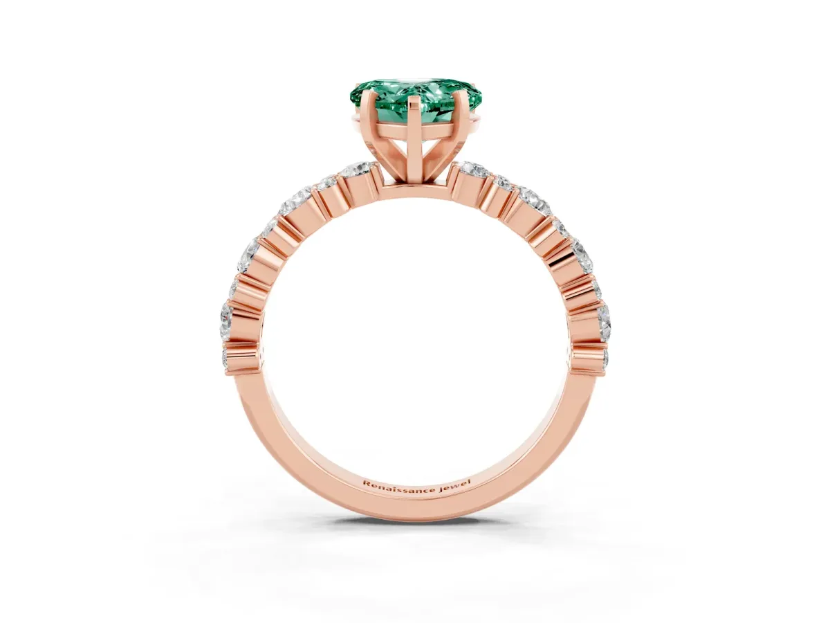 Heart Cut Green Sapphire Side Stone Solitaire Ring with Round and Four-Prong Setting Rose gold