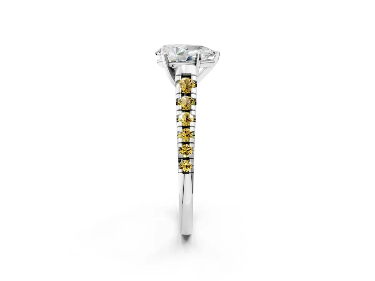 Pear Cut Diamond Cathedral Solitaire Ring with Round Yellow Sapphire Pavé Band Silver