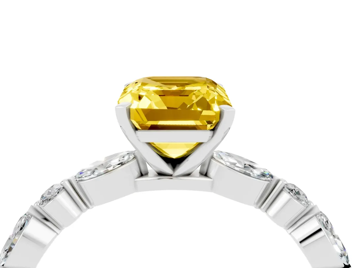 Emerald Cut Yellow Sapphire Ring with Marquise and Round Side Stones and Four-Prong Setting Platinum