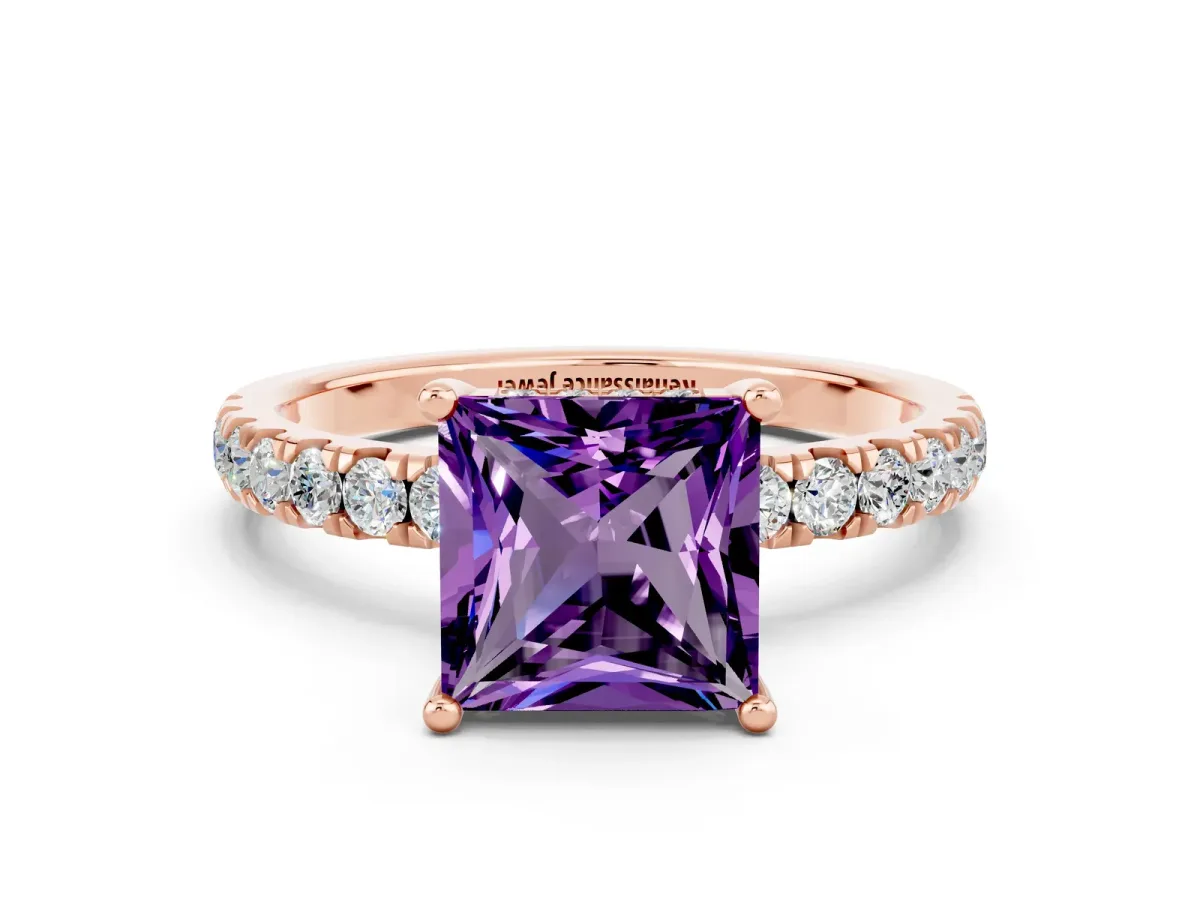 Princess Cut Amethyst Pave Band Solitaire Ring with Round and Prong Setting Rose gold