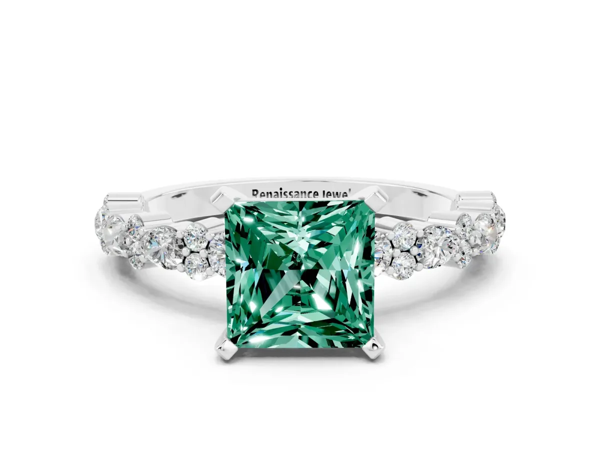 Princess Cut Green Sapphire Side Stone Solitaire Ring with Round and Four-Prong Setting Platinum