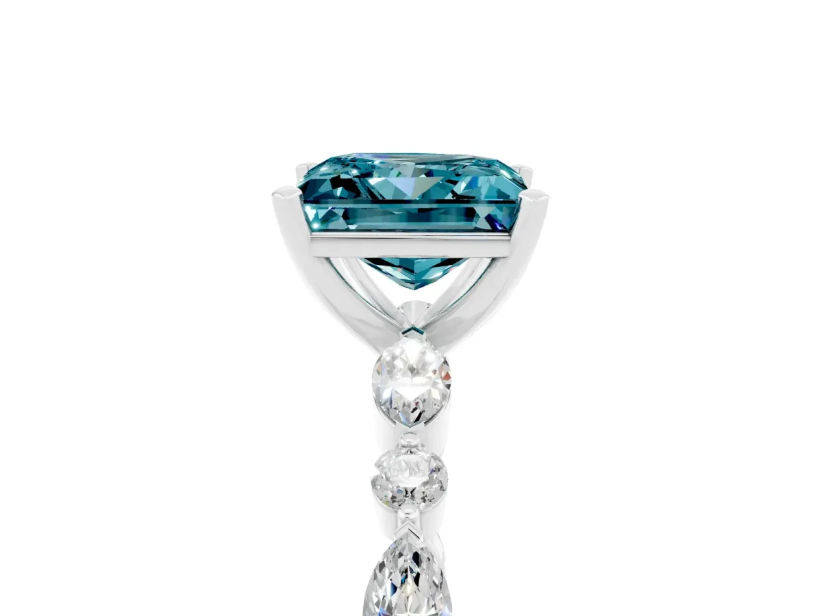 Princess Cut Blue Topaz Ring with Marquise and Round Side Stones and Four-Prong Setting Silver