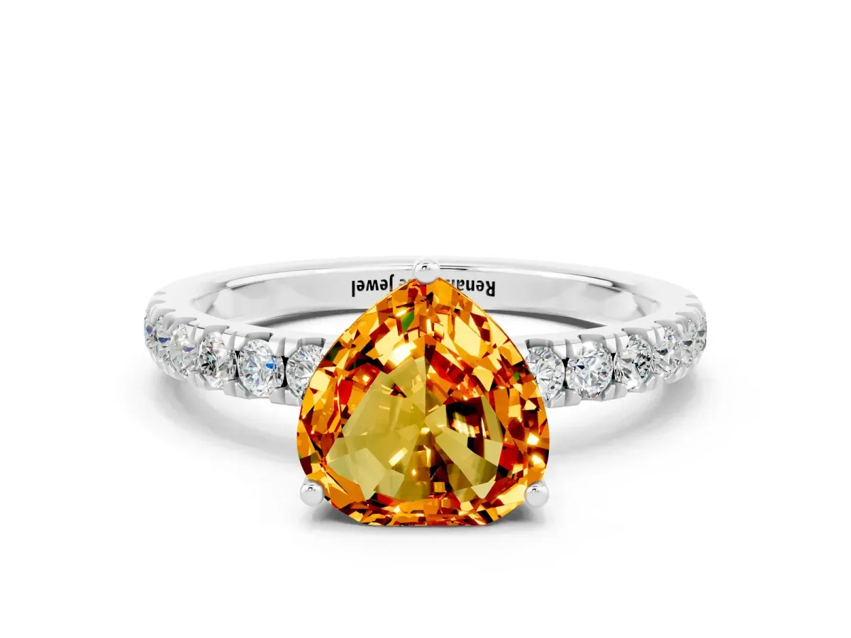 Heart Cut Citrine Pave Band Solitaire Ring with Round and Prong Setting Platinum