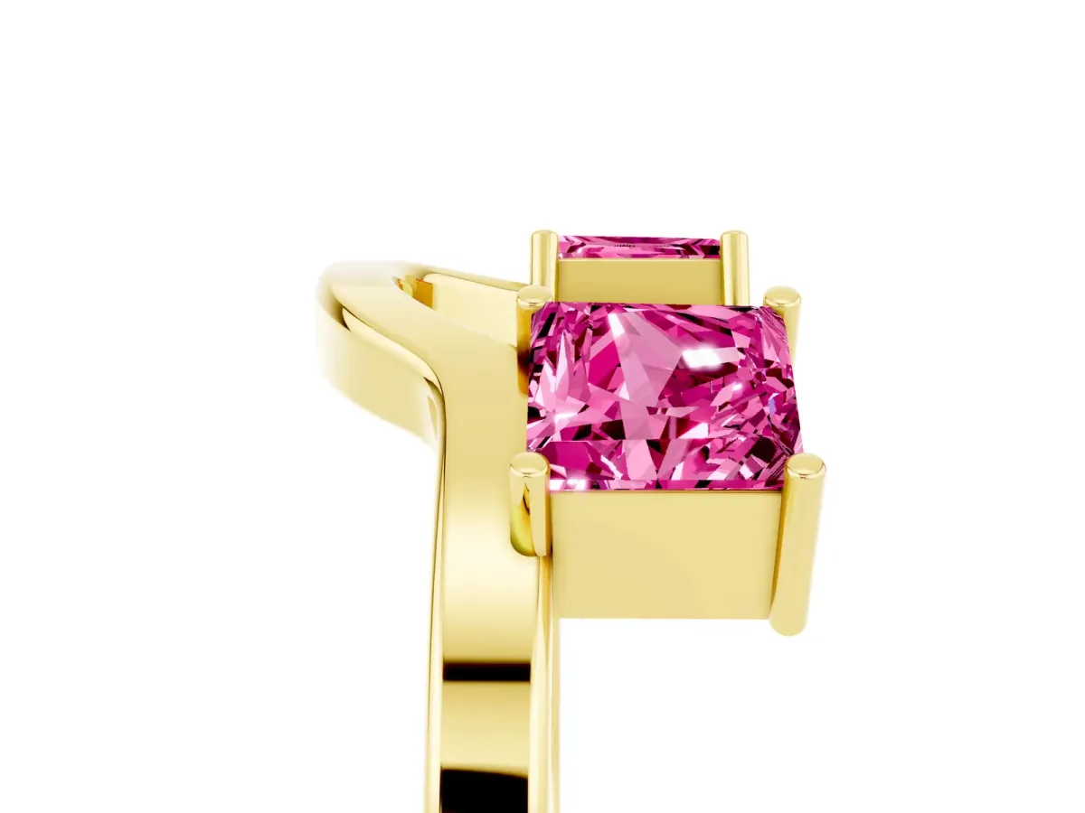Princess Cut Pink Sapphire Two-Stone Open Band Ring with Four-Prong Setting Yellow gold