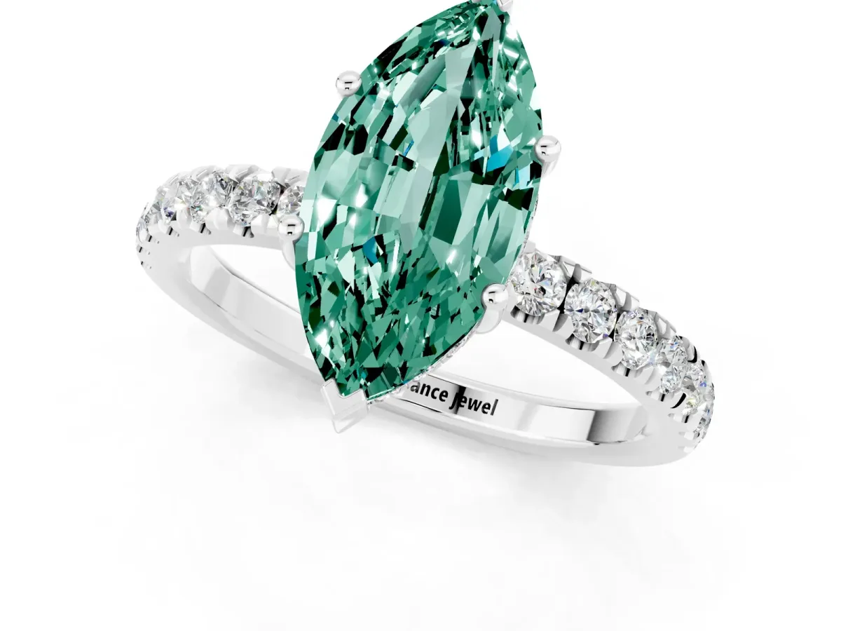 Marquise Cut Green Sapphire Pave Band Solitaire Ring with Round and Prong Setting Silver