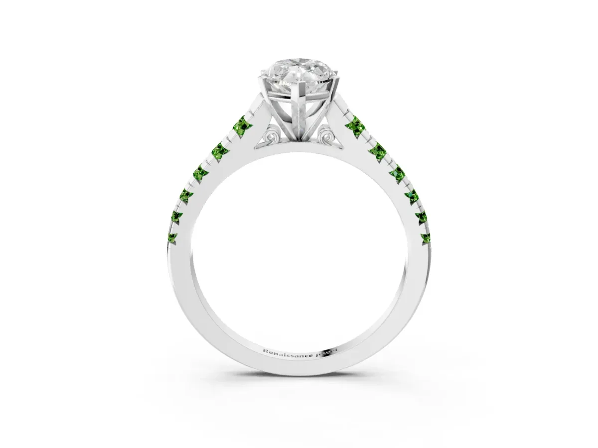 Marquise Cut Diamond Cathedral Solitaire Ring with Round Peridot Pavé Band Silver