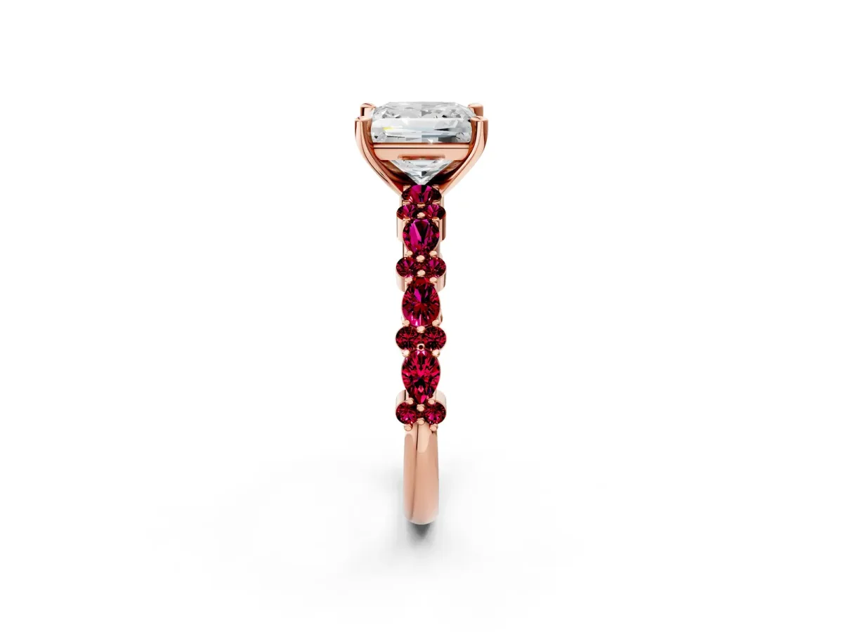 Princess Cut Diamond Side Stone Solitaire Ring with Round Garnet and Four-Prong Setting Rose gold