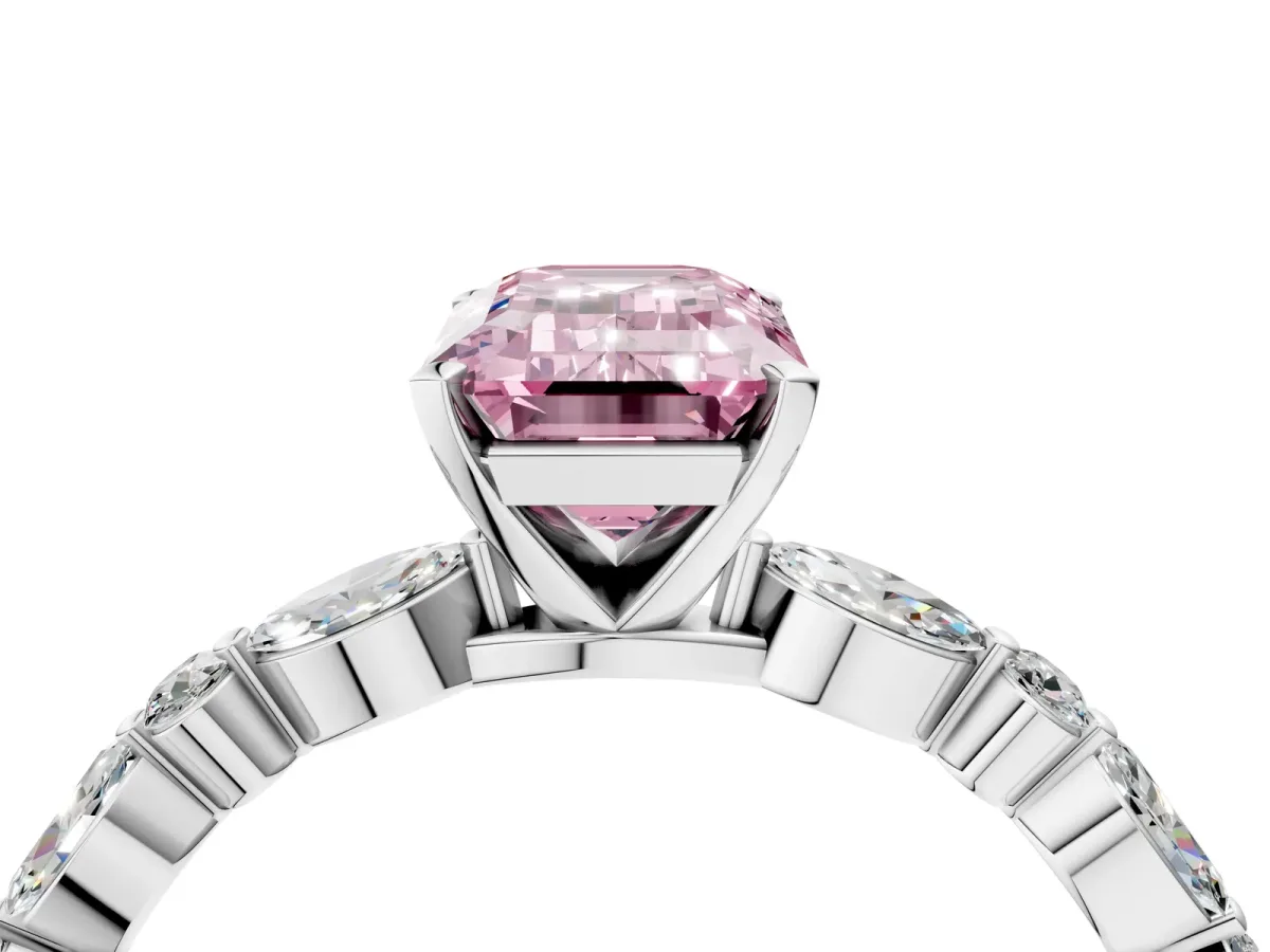 Fancy Pink Emerald Cut Diamond Ring with Marquise and Round Side Stones and Four-Prong Setting White gold