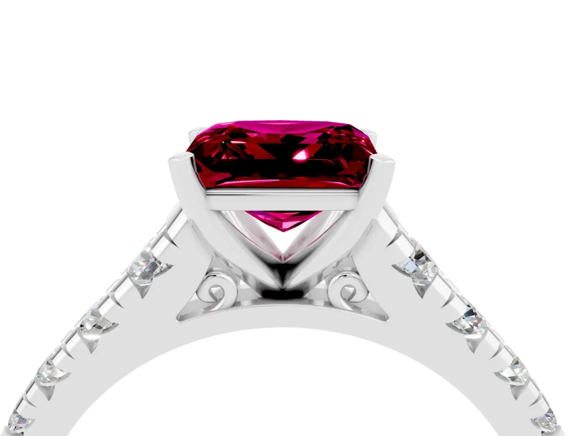 Princess Cut Garnet Cathedral Solitaire Ring with Round Pavé Band Platinum