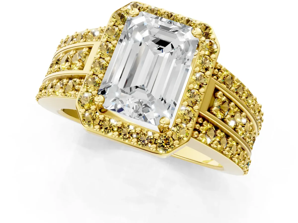 Emerald Cut Halo Diamond Ring with Round Yellow Sapphire Split Shank and Prong Setting Yellow gold