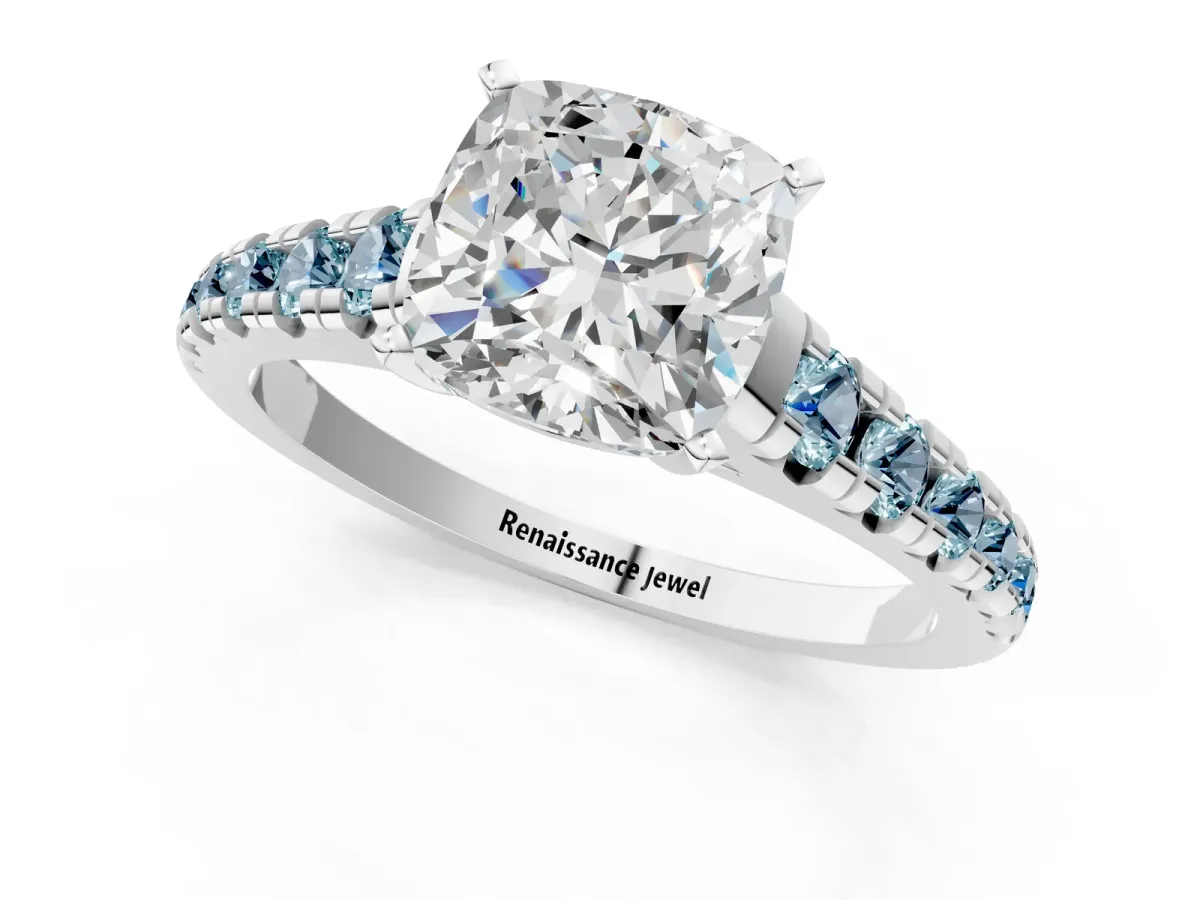 Cushion Cut Diamond Cathedral Solitaire Ring with Round Aquamarine Pavé Band Silver