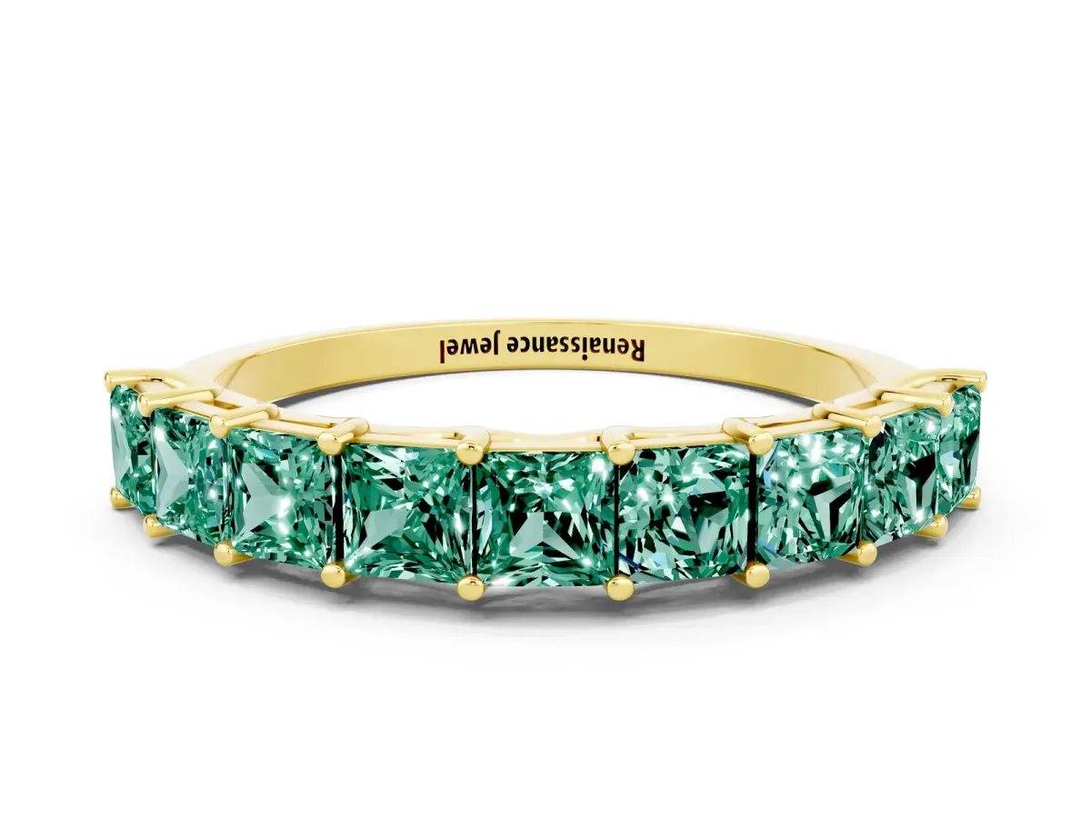Princess Cut Green Sapphire Channel-Set Eternity Band with Prong Setting Yellow gold