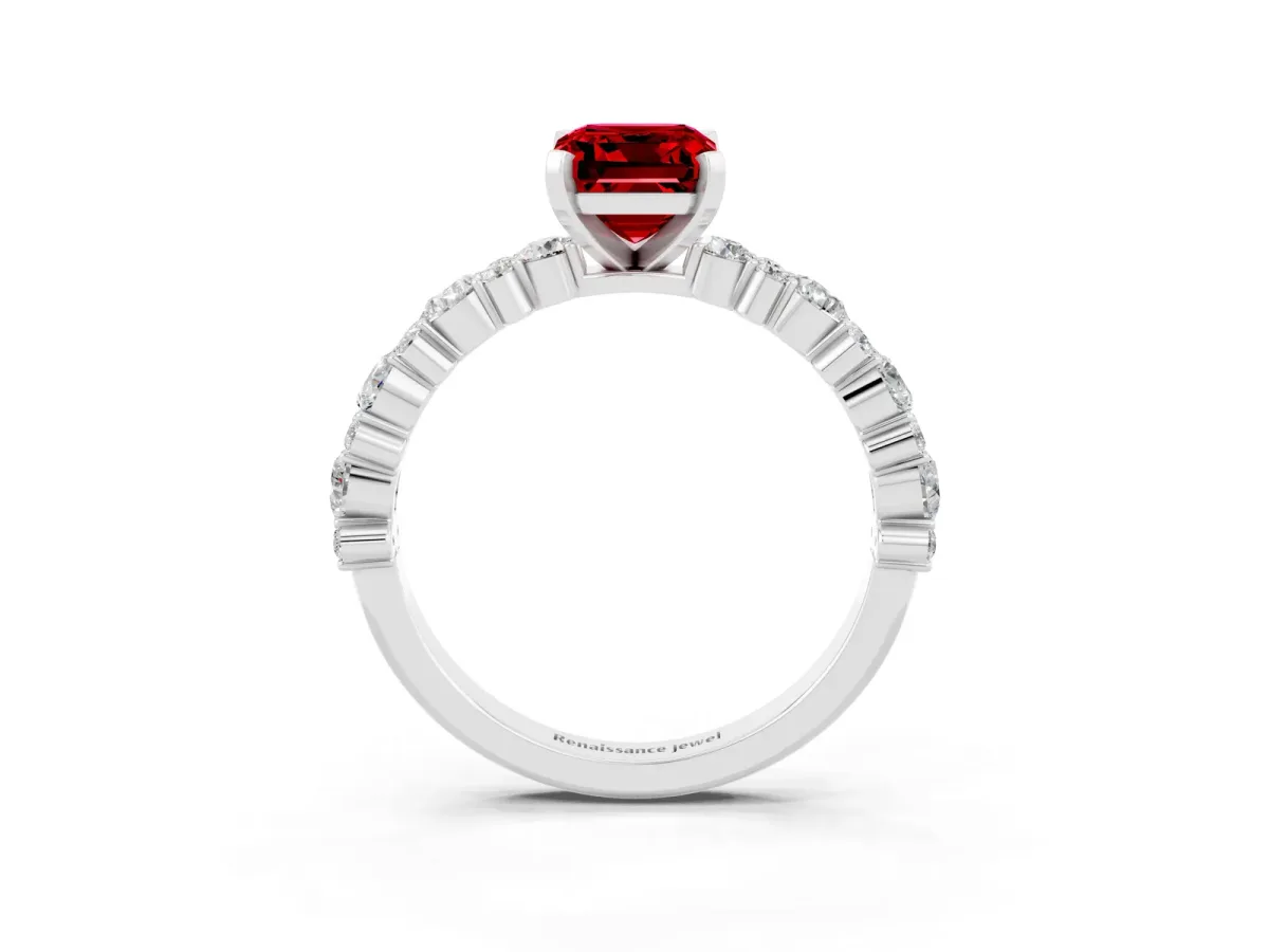 Emerald Cut Ruby Side Stone Solitaire Ring with Round and Four-Prong Setting White gold