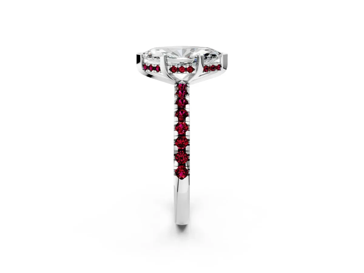 Marquise Cut Diamond Solitaire Ring with Round Garnet Pavé Band and Four-Prong Setting Silver