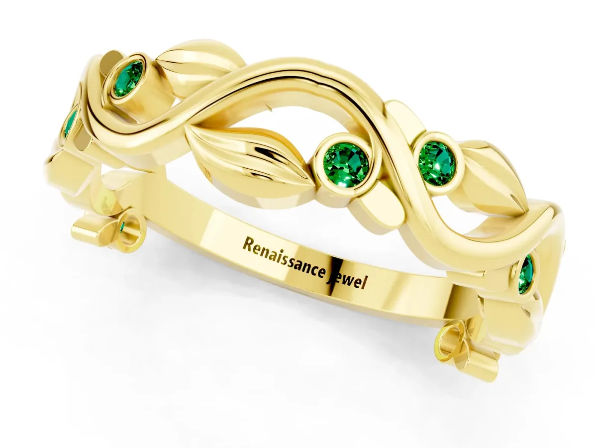 Round Emerald Leaf Eternity Band with Bezel Setting Yellow gold
