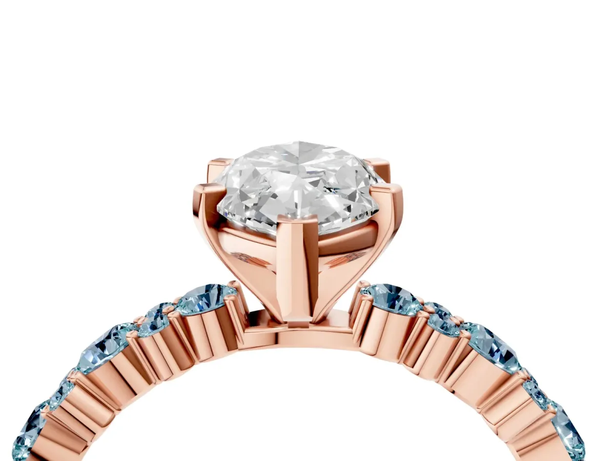 Marquise Cut Diamond Side Stone Solitaire Ring with Round Aquamarine and Four-Prong Setting Rose gold