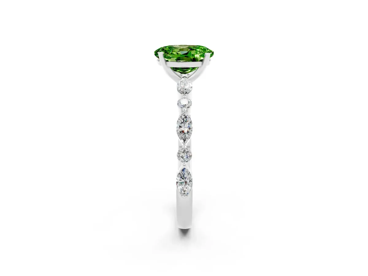 Oval Cut Peridot Ring with Marquise and Round Side Stones and Four-Prong Setting Silver