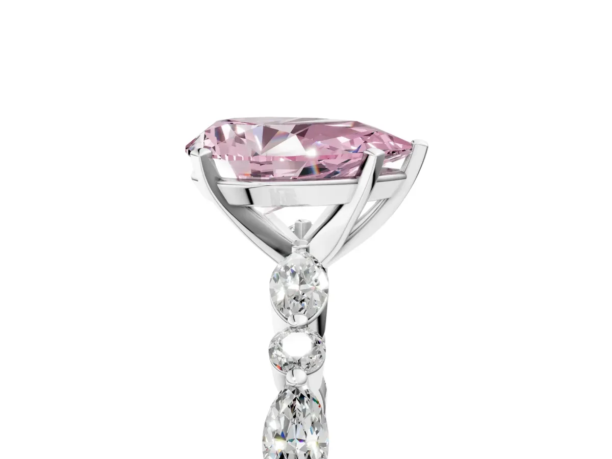 Fancy Pink Pear Cut Diamond Ring with Marquise and Round Side Stones and Four-Prong Setting Platinum