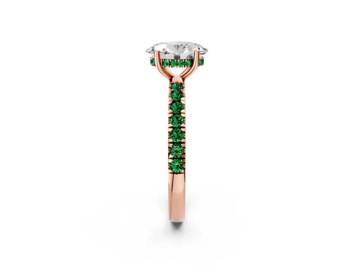 Oval Cut Diamond Pave Band Solitaire Ring with Round Emerald and Prong Setting Rose gold