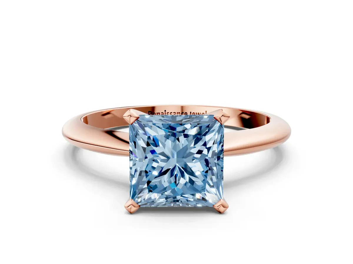 Fancy Blue Princess Cut Diamond Solitaire Engagement Ring with Classic Band and Four-Prong Setting Rose gold