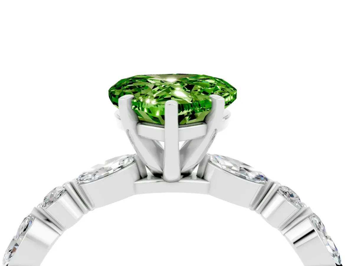 Heart Cut Peridot Ring with Marquise and Round Side Stones and Four-Prong Setting Silver