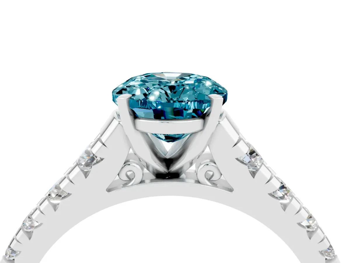 Oval Cut Blue Topaz Cathedral Solitaire Ring with Round Pavé Band White gold