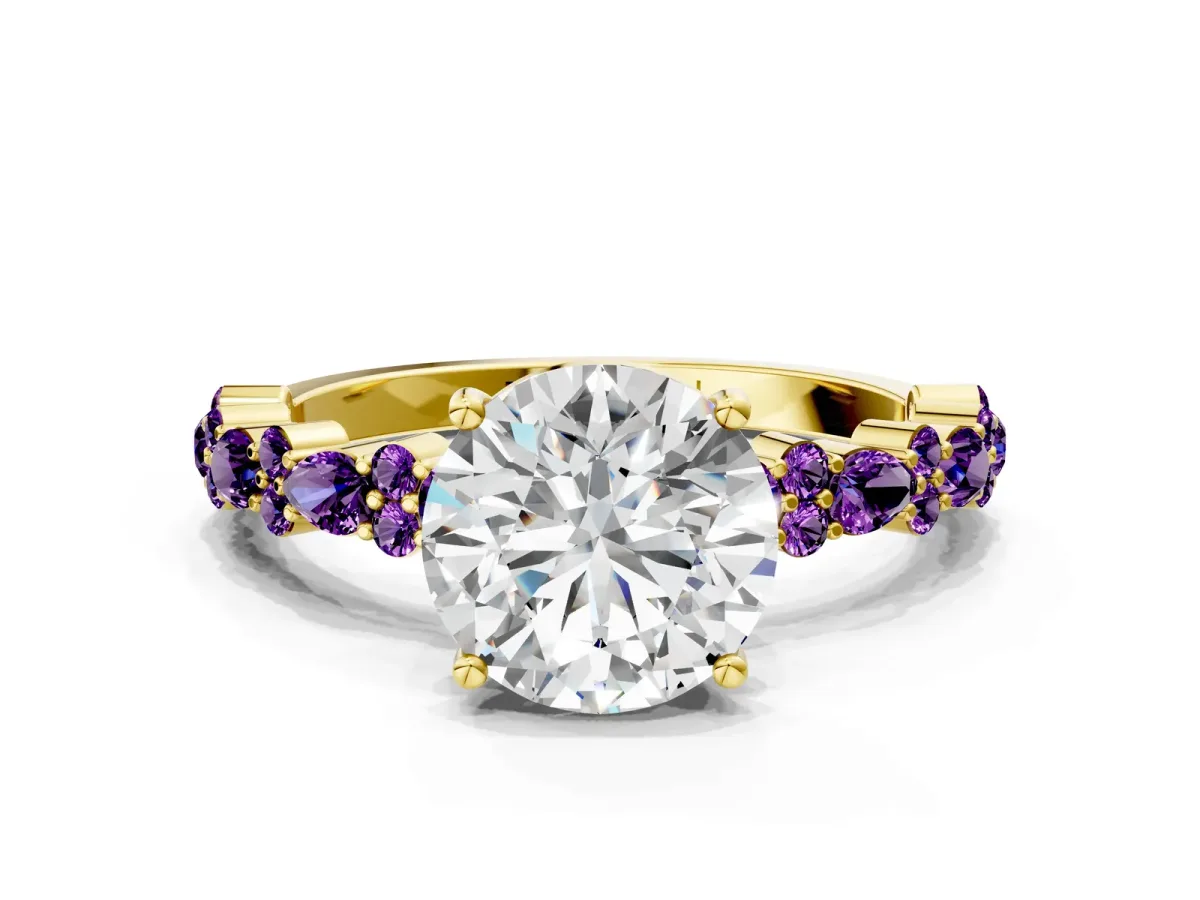 Round Cut Diamond Side Stone Solitaire Ring with Round Amethyst and Four-Prong Setting Yellow gold