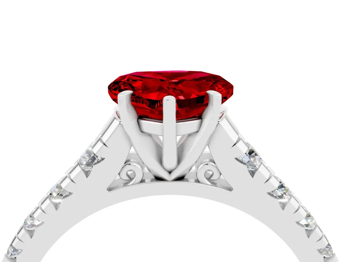Heart Cut Ruby Cathedral Solitaire Ring with Round Pavé Band Silver