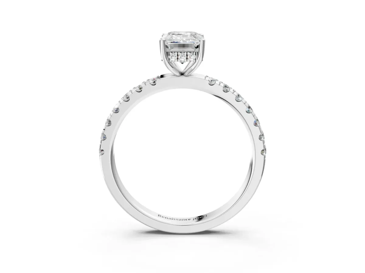 Emerald Cut Diamond Pave Band Solitaire Ring with Round Moissanite and Prong Setting Platinum