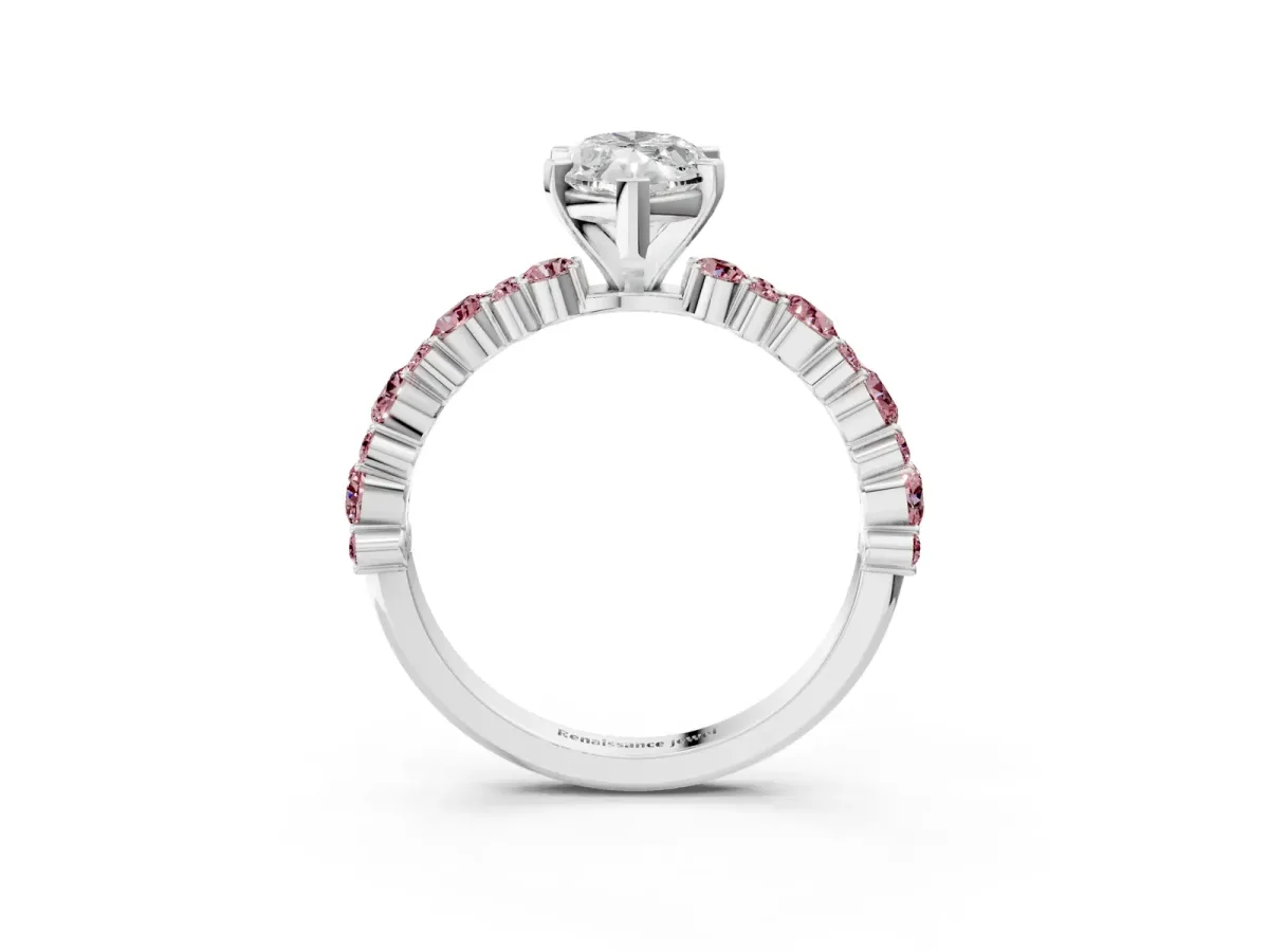 Marquise Cut Diamond Side Stone Solitaire Ring with Round Morganite and Four-Prong Setting Platinum